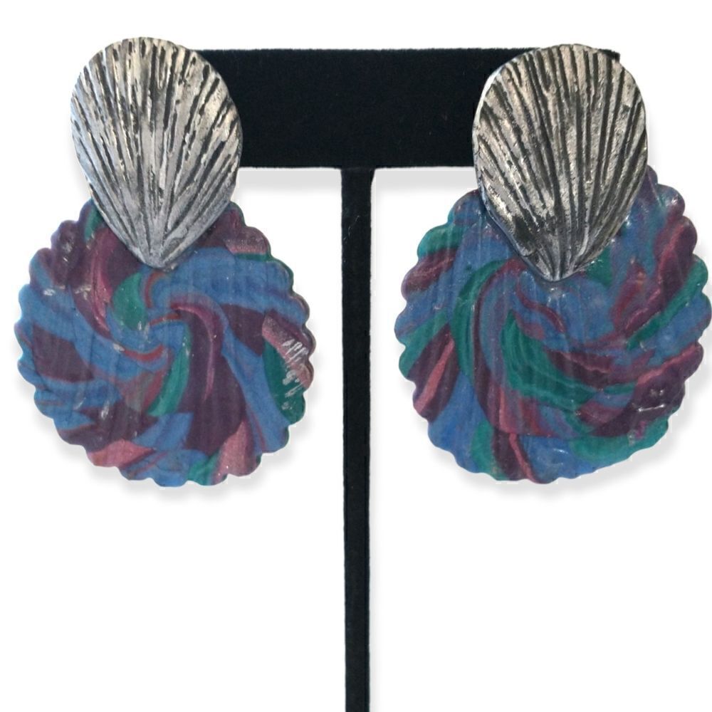 Vintage Polymer Clay Shell Earrings Artisan Statement Swirl Boho Coastal Retro